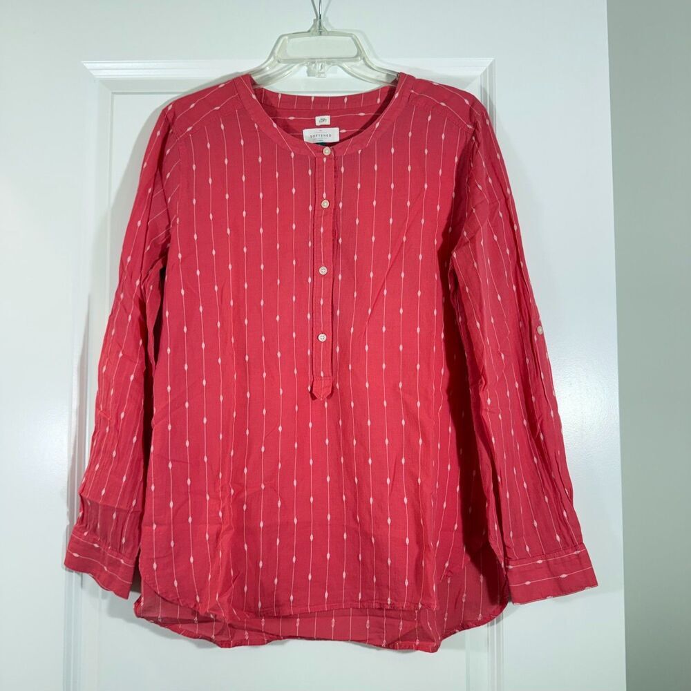 LOFT The Softened Shirt Coral Print Roll Tab Sleeve Sz L
